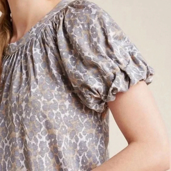Maeve Anthropologie Leopard Puff Sleeve 100% Linen Top Size XS - Picture 10 of 10